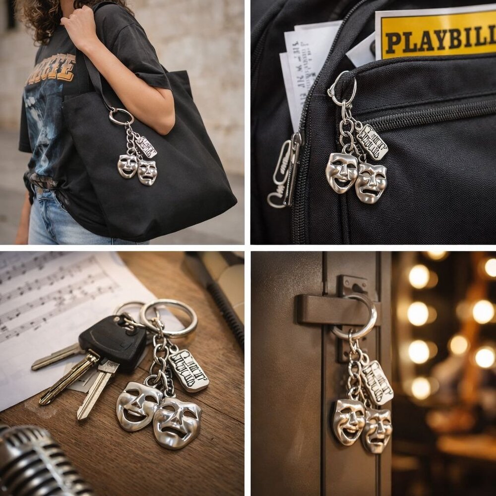 Theater Masks Keychain Bag Charm 3 Inch Silver Tone Drama Comedy Accessory - Picture 2 of 6